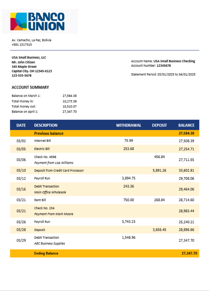 Déclaration de l'entreprise Banco Union Bank Format Word et PDF